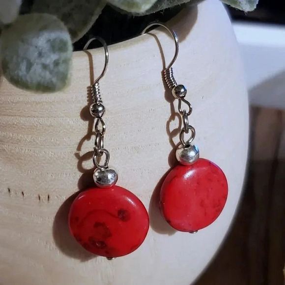 Handcrafted Silver and Red Magnesite Gemstone Puffed Coin Dangle Earrings - Picture 2 of 7